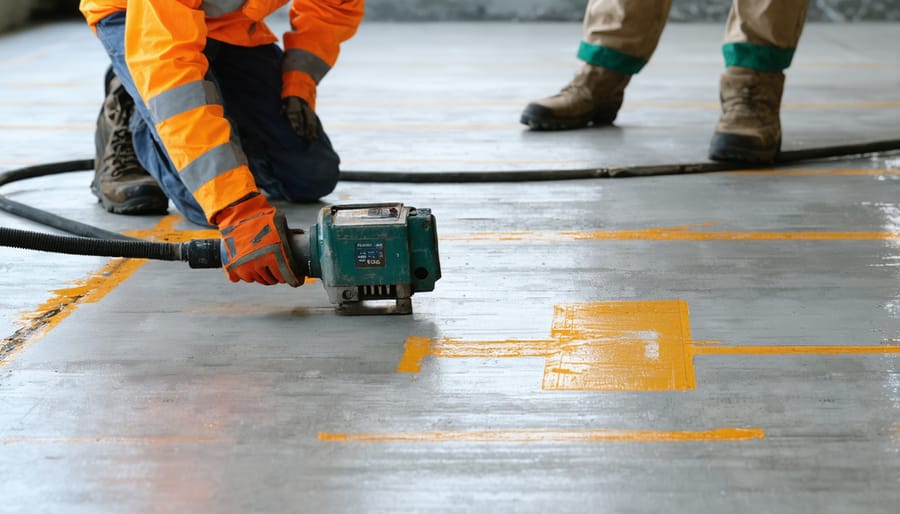 Colored markings on concrete wall showing locations of hidden rebar and electrical conduits
