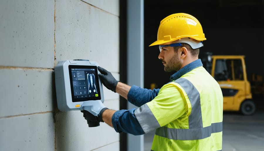 Technician in hard hat and high-visibility vest scanning a concrete warehouse wall with a portable x-ray device, with pallet racks and a forklift softly blurred in the background under cool industrial lighting.