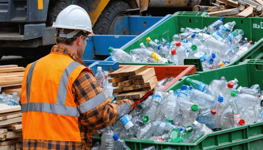 Construction worker in high-visibility vest sorting timber offcuts, metal scraps, and clear PET bottles into color-coded bins at a tidy jobsite, with cranes, scaffolding, and neatly stacked materials in the background under overcast daylight.
