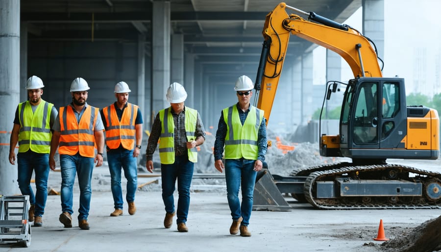 Construction worker standing near safety perimeter of industrial robotic arm on active job site