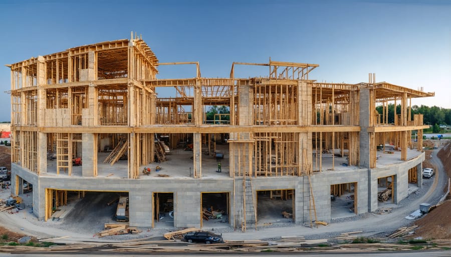 Construction worker at stopped building site with caution tape
