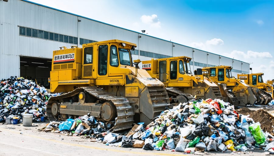 Construction site waste sorting area with separated bins for different material types