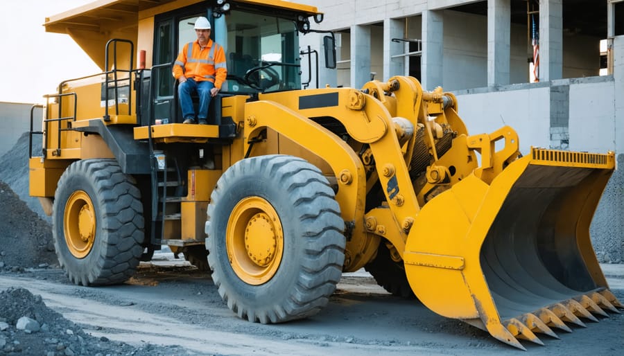 Contractor inspecting professional power tools and equipment at rental facility workbench