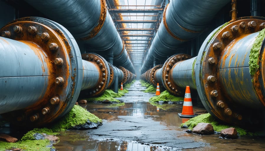 Cross-section of corroded copper pipe showing chemical damage and interior deterioration
