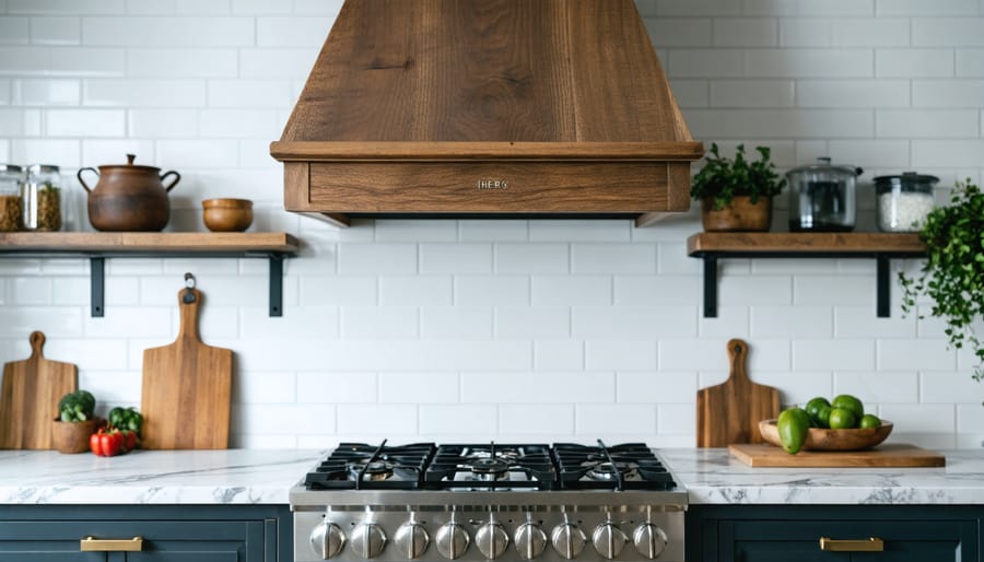 Eye-level photo of a stained white oak chimney-style range hood centered above a stovetop, with white shaker cabinets, subway tile backsplash, and quartz counters softly blurred in the background.