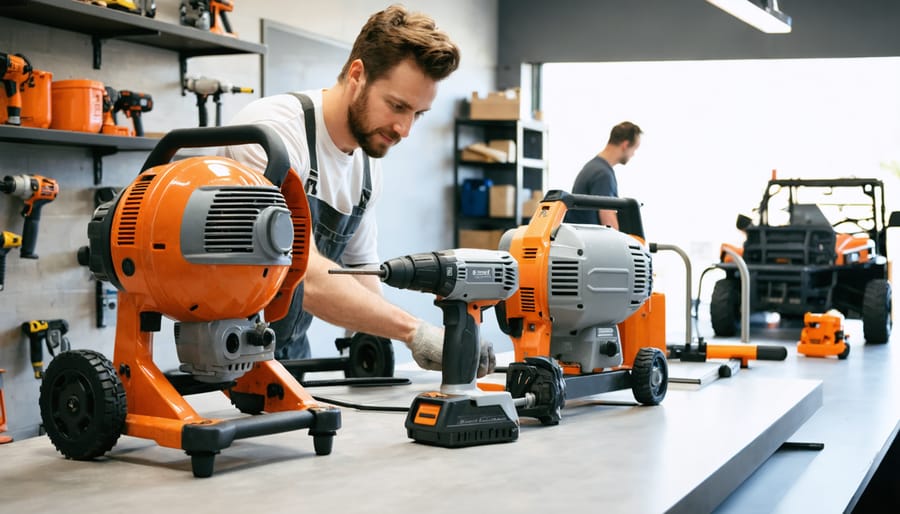 DIY customer and rental associate discussing a concrete mixer, rotary hammer, and tile saw on a rental counter, with organized tool aisles and another customer in the background under soft natural daylight