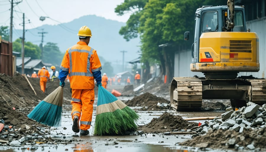 Construction workers performing daily site cleanup and waste sorting routine