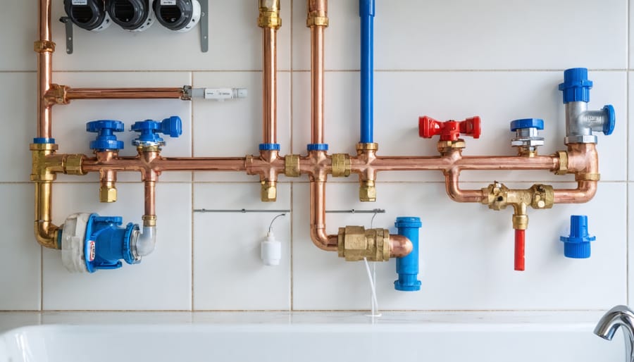 Homeowner photographing water shut-off valve while documenting home plumbing system