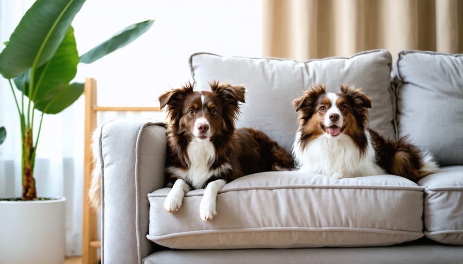 Golden retriever dog relaxing on beige fabric couch in modern living room