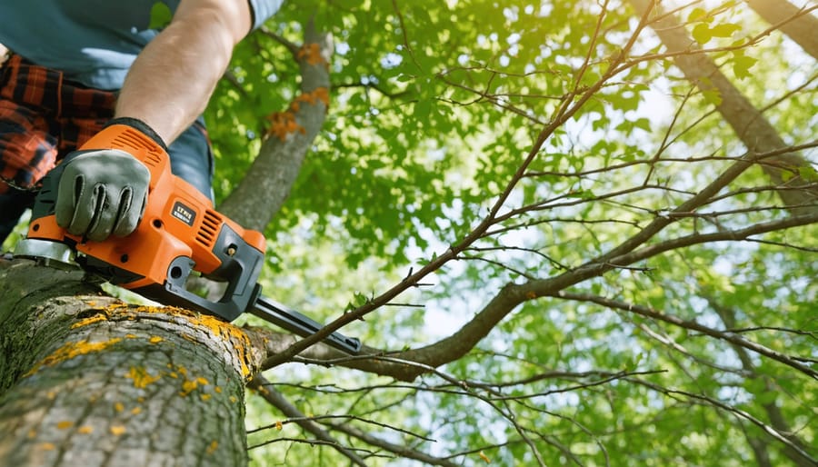 Professional tree care tools including pruners, saws, and loppers arranged on wooden surface