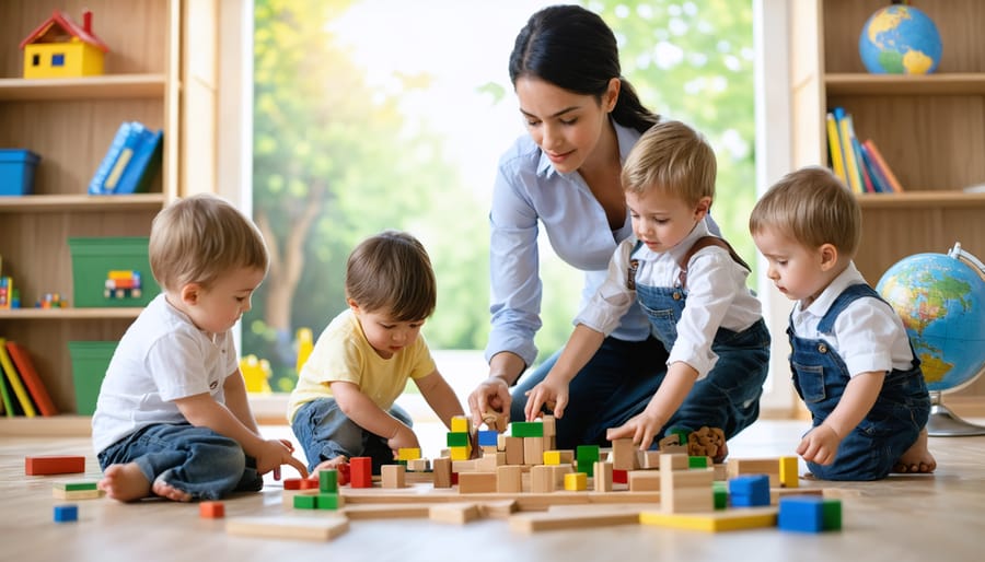 Preschool teacher kneeling at a low table helping four diverse children build a wooden block city in a sunlit classroom, with blurred shelves, a globe, and a park visible through the window.