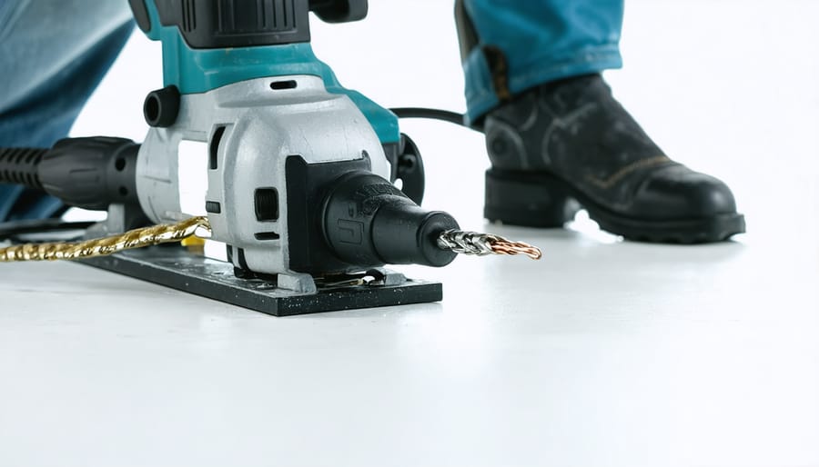 Close-up inspection of power tool electrical cord and three-prong grounding plug