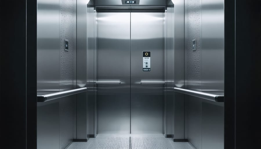 Construction worker performing safety inspection on motion control elevator equipment