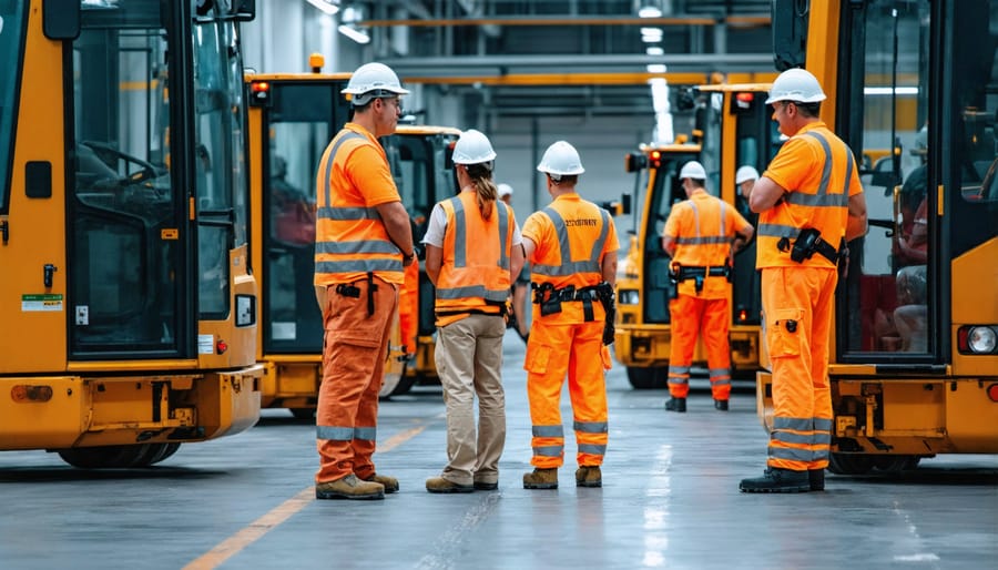 Worker's hand activating red emergency stop button on robotic equipment control panel