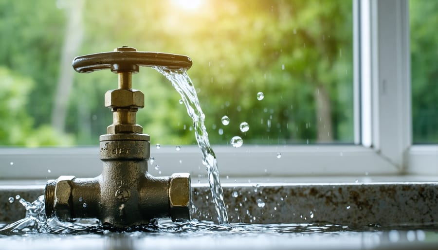 Hand turning main water shut-off valve during plumbing emergency