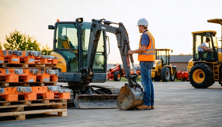 Rental yard staff member demonstrating a compact excavator to a customer, with attachments on pallets and rows of rental tools softly blurred behind in warm late-afternoon light.