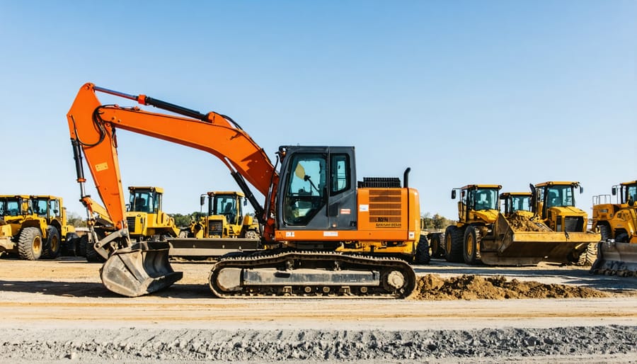 Aerial view of equipment rental yard with excavators, loaders, and aerial lifts arranged in organized rows