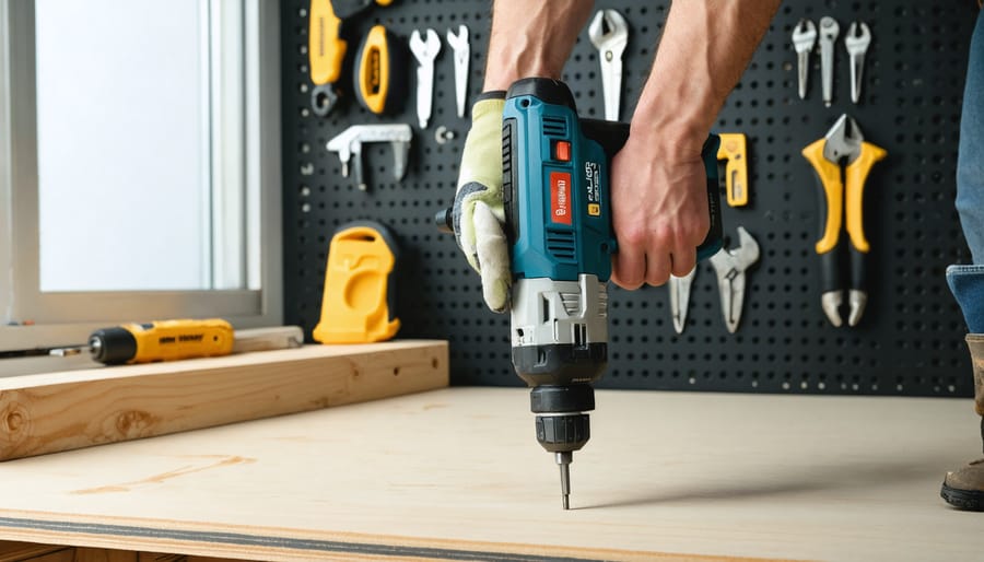 Close-up of a person’s hand correctly gripping an ergonomic cordless drill with a straight wrist in a softly lit workshop; blurred workbench, pegboard tools, and gloves in the background; no visible brand text.