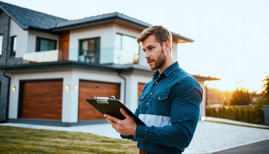 Home inspector with clipboard and laser measurer pointing at the roofline while a prospective buyer observes in front of a modern two-story house on a quiet tree-lined street at golden hour.