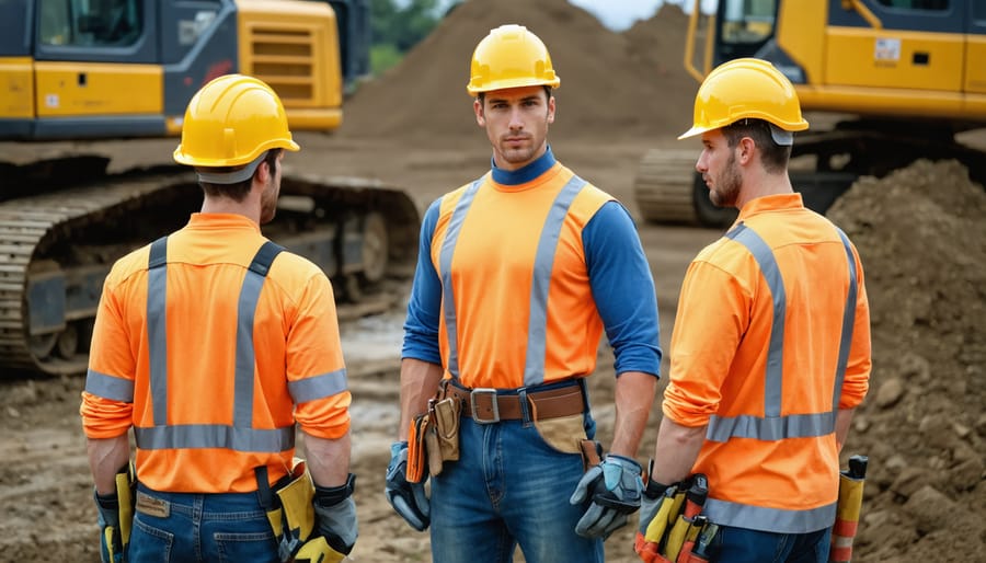 Complete set of OSHA-required personal protective equipment for excavation including hard hat, safety glasses, and high-visibility vest