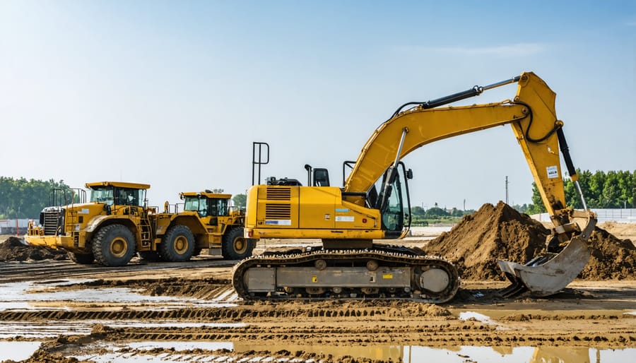 Yellow excavator with construction documents on idle building site