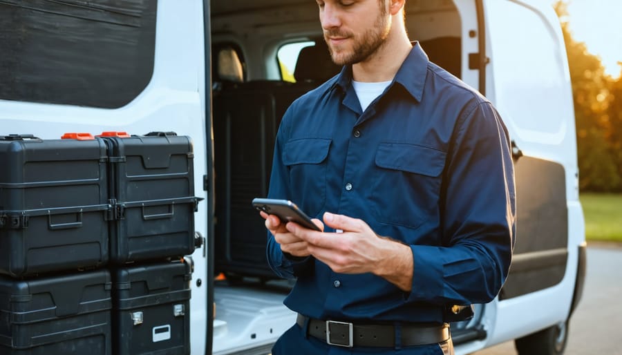 Delivery driver in navy uniform holds a smartphone with a text-free GPS map beside an open white van loaded with stacked rental tool cases on a dolly in a suburban driveway during golden hour.