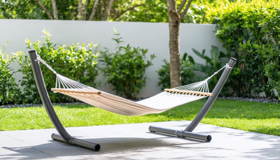 Completed PVC pipe hammock stand with striped hammock in backyard garden