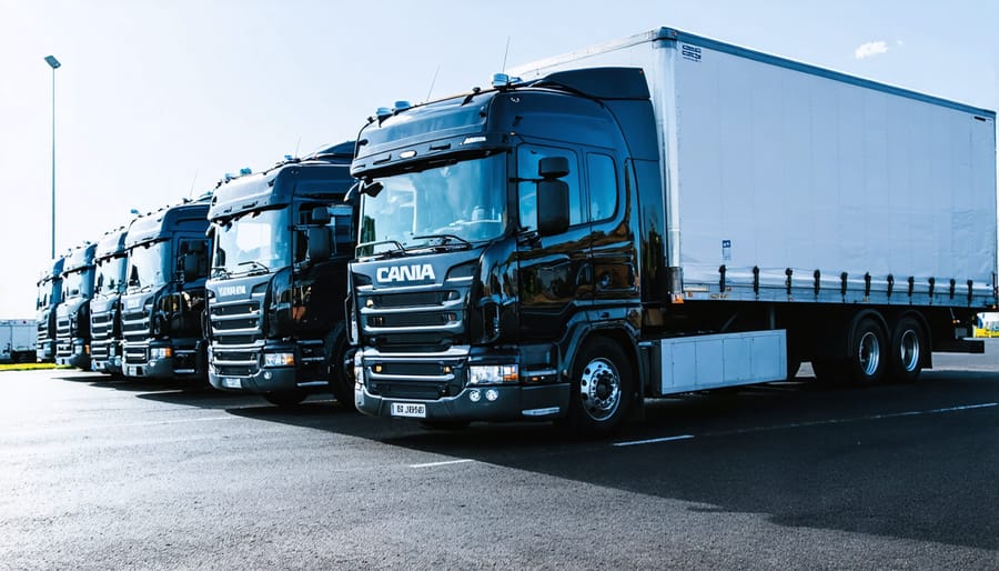 Workers loading construction equipment into delivery van at tool hire depot