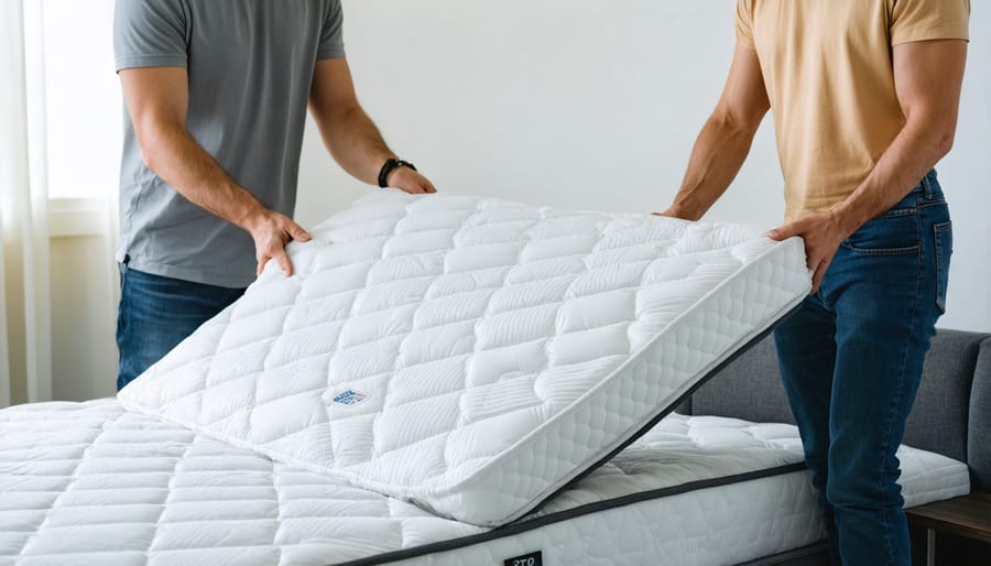 Two people working together to flip a heavy mattress in a bedroom