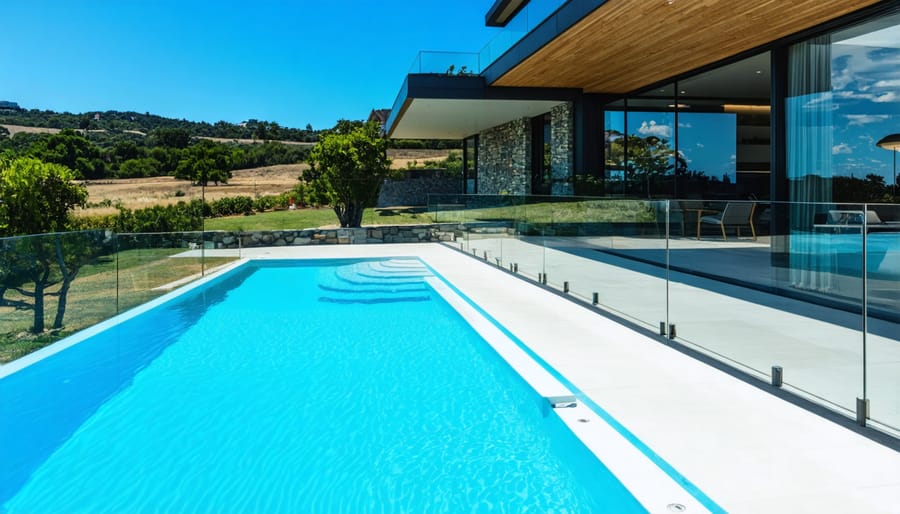 Modern frameless glass pool fence around inground swimming pool in backyard