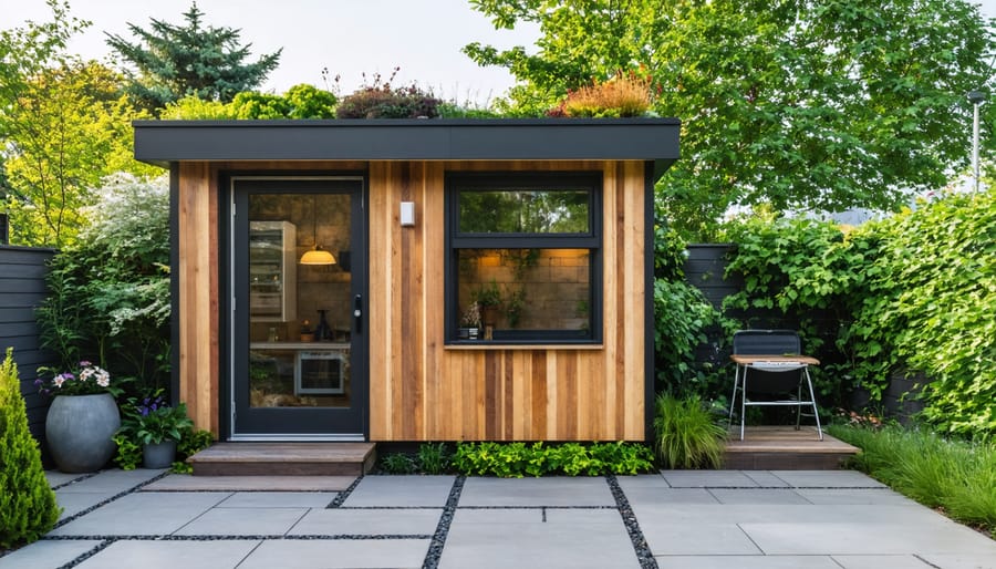 Modern garden office building with living green roof featuring native grasses and wildflowers