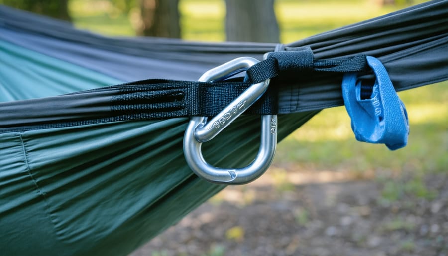Close-up of eye bolt and carabiner hardware installed in PVC hammock stand crossbar