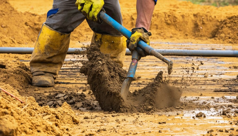 Worker in safety gear using fiberglass shovel to hand-dig near marked utility lines