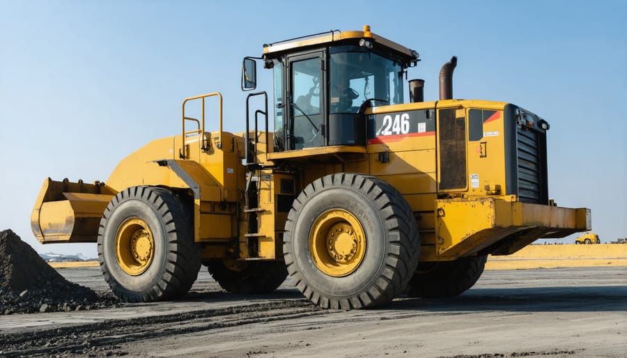 Heavy construction equipment being delivered on flatbed truck to job site