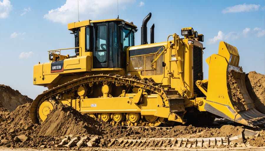 Heavy construction equipment including excavator on active commercial job site