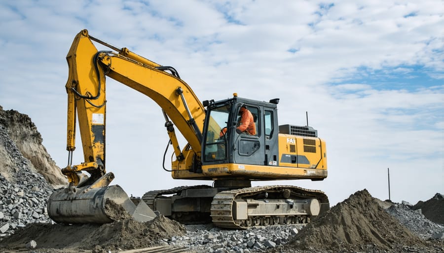 Construction site with rented excavator and concrete mixer being operated by worker