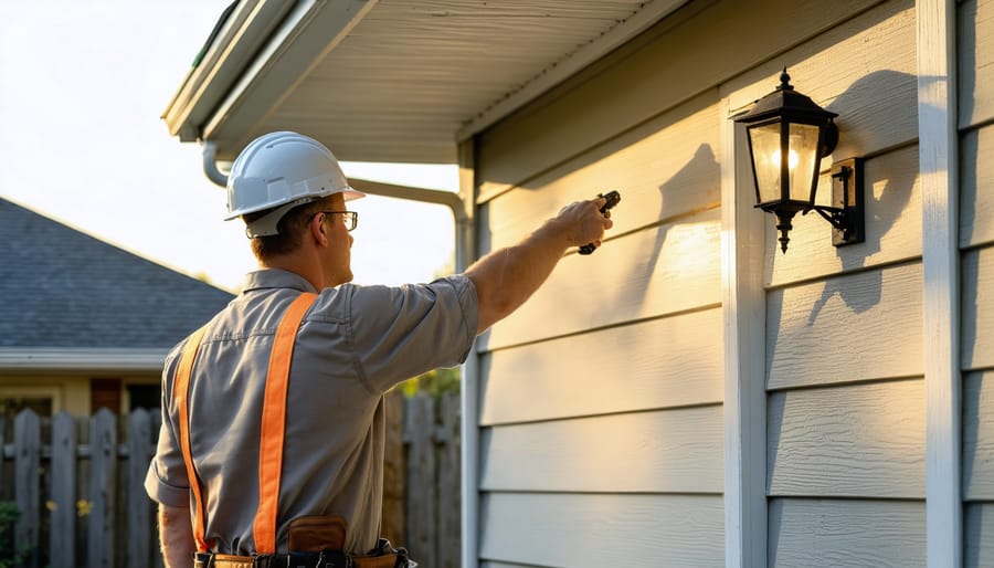 Home inspector pointing a flashlight at a house roofline and gutters near the foundation, with driveway and garden softly blurred in the background at golden hour.