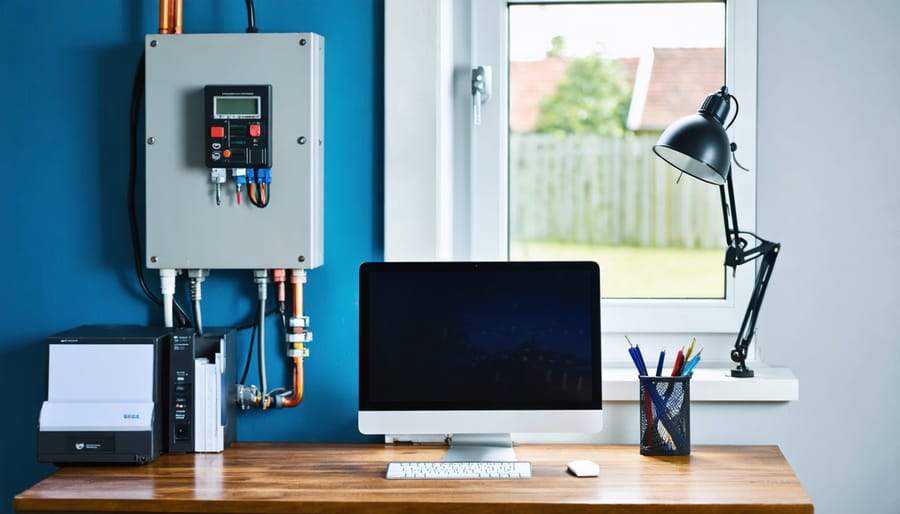 Home office desk and residential breaker panel in sharp focus, with a softly blurred garage workshop showing a large compressor and CNC machine in the background under natural daylight.