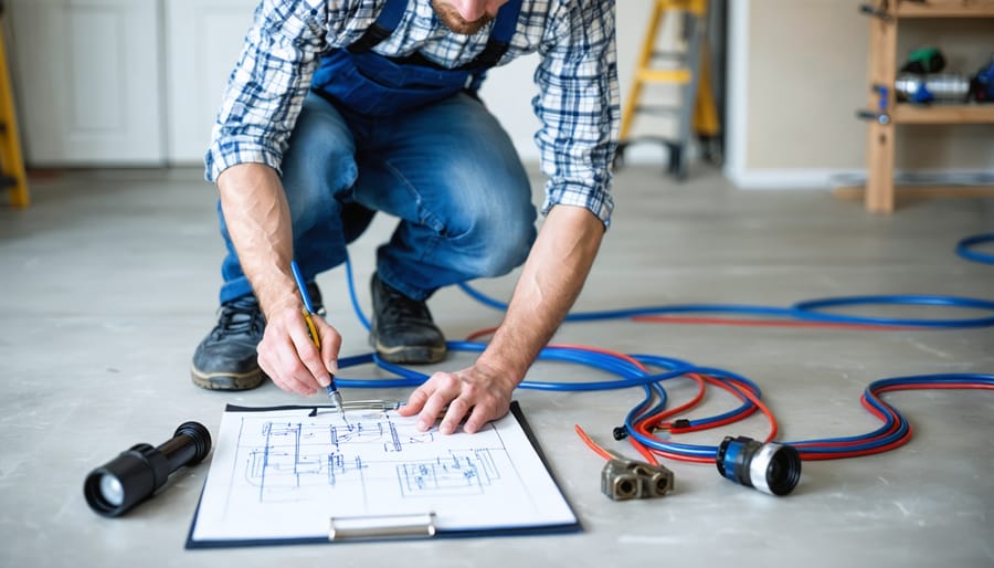 Homeowner kneels by the main water shut-off valve in a basement, following red and blue PEX pipes and a black drain stack, with a tool bag, flashlight, and blurred clipboard in the background.