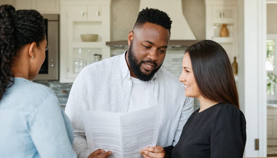 Couple reviewing financial documents and blueprints at kitchen table while planning home renovation
