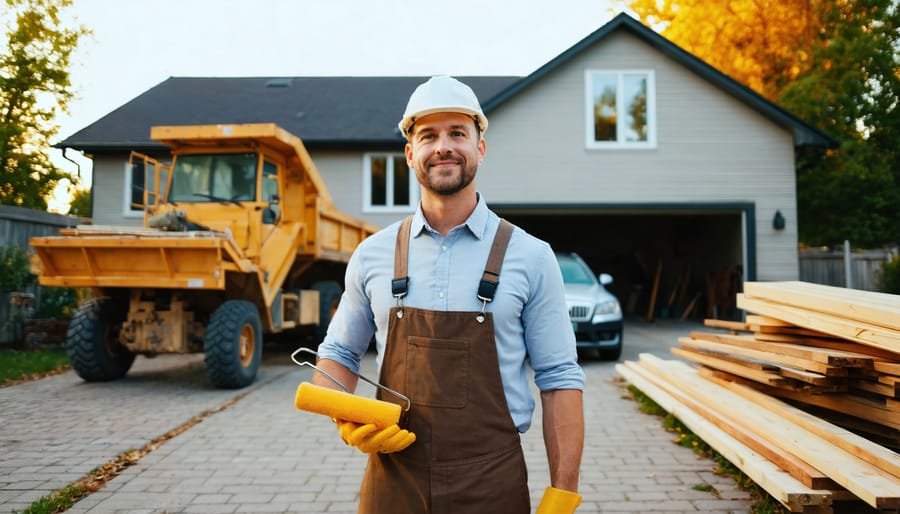 Real estate investor holding a paint roller and house keys in front of a suburban home under renovation with scaffolding, stacked lumber, and a roll-off dumpster at sunset.