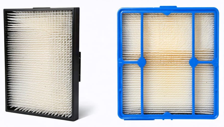 Homeowner wearing safety equipment removing dirty air filter from residential HVAC furnace