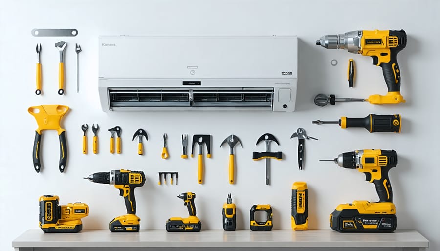 Close-up of hands using wrench and screwdriver on HVAC refrigerant lines and connections
