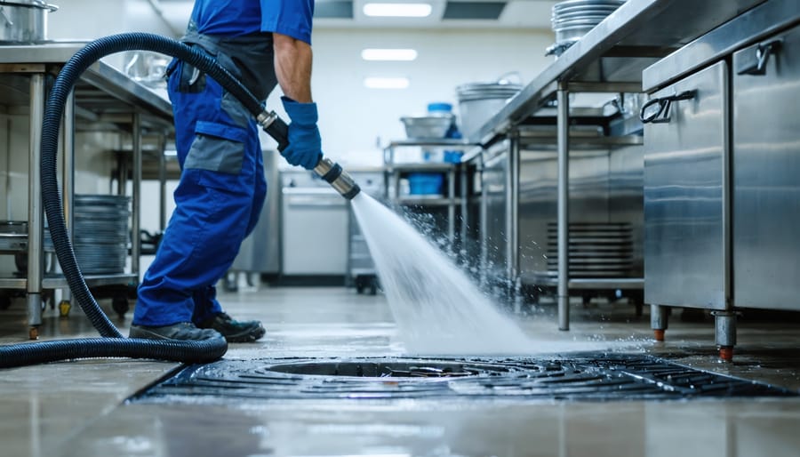 Plumber hydro-jetting a stainless floor drain in a modern commercial kitchen, with strainer and coiled drain snake visible and stainless prep tables blurred in the background