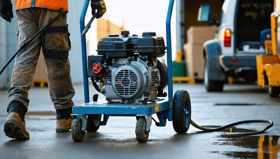 Close-up of a rental cart carrying a commercial pressure washer, jackhammer, and concrete saw, guided by a gloved hand toward an open warehouse with racks and a pickup softly blurred in warm light.