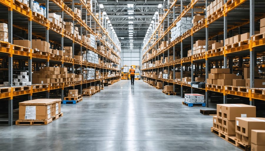 Construction worker conducting inventory inspection in organized laydown yard