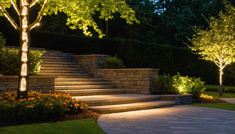Home exterior at dusk with low voltage pathway and accent lighting illuminating walkway and architectural features