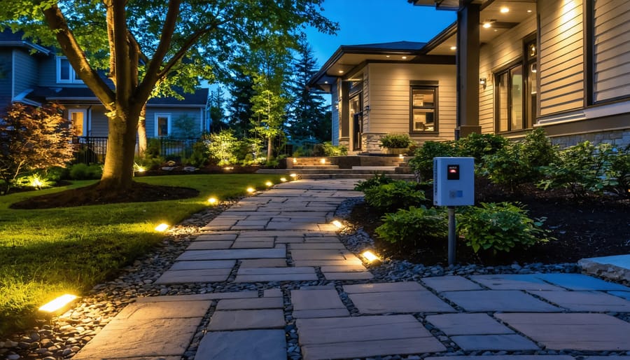 Low-voltage landscape lighting at dusk with warm LED path lights along a stone walkway, uplights on a tree and home facade, and a compact transformer mounted above ground near an exterior outlet.