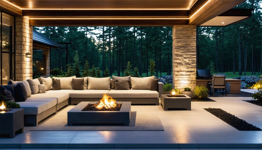 Backyard patio at night illuminated with low voltage outdoor lighting creating warm ambiance