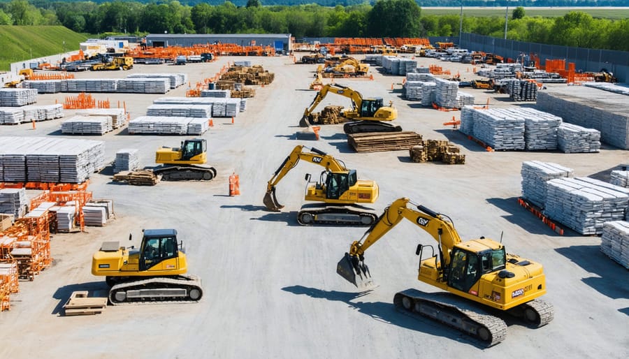 Aerial view of organized construction laydown yard with materials and equipment in designated zones